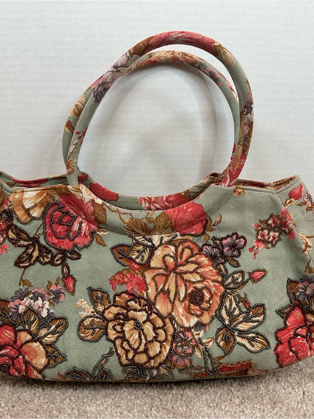 Floral Embroidered Circle Handle Shoulder Bag - Sage Green and Coral Accents - Picture 2 of 8